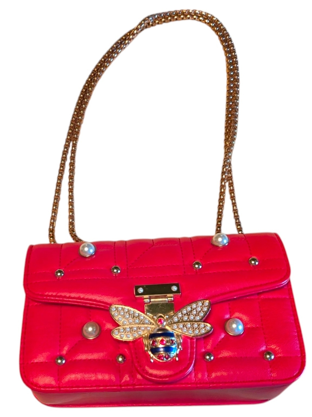 Red Quilted Shoulder Bag with Gold Chain and Bee Emblem